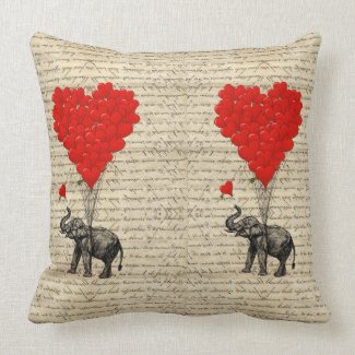 Elephant and heart shaped balloons throw pillow