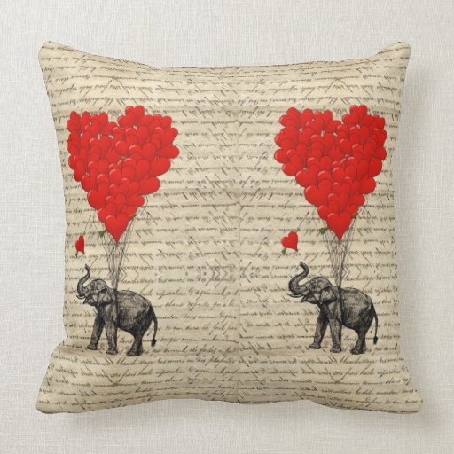 Elephant and heart shaped balloons throw pillow