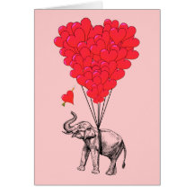 Elephant and red heart balloons greeting cards