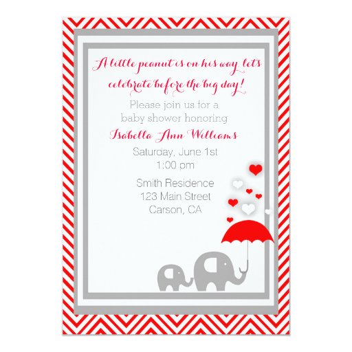 elephant Baby Shower Invitation- Red and Gray
