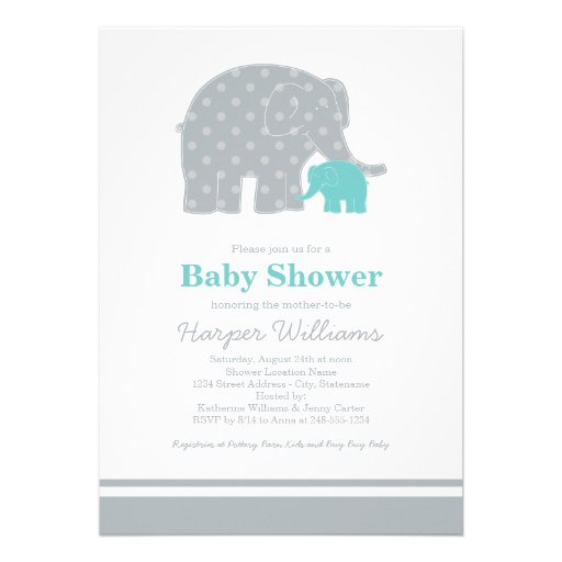 Elephant Baby Shower Invitations | Aqua Blue Gray