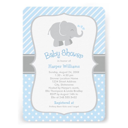 Elephant Baby Shower Invitations | Blue and Gray (front side)