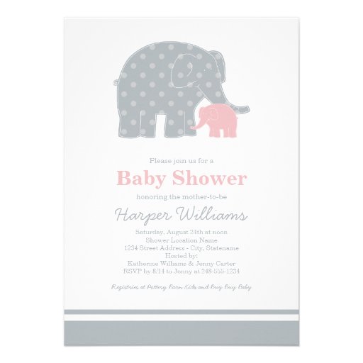 Elephant Baby Shower Invitations | Light Pink Gray (front side)