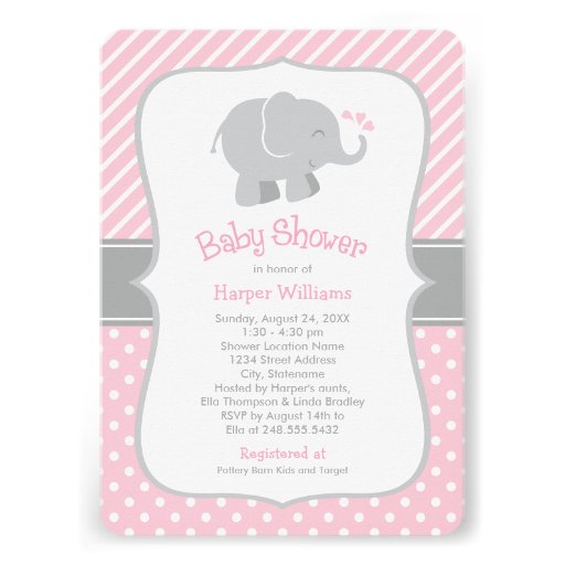 Elephant Baby Shower Invitations | Pink and Gray (front side)