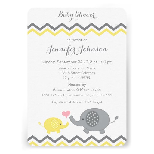 Elephant Baby Shower Invite | Yellow Gray Chevron (front side)
