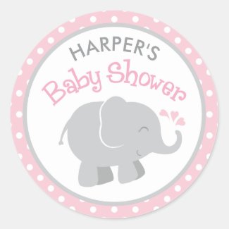 Elephant Baby Shower Stickers | Pink and Gray Round Sticker