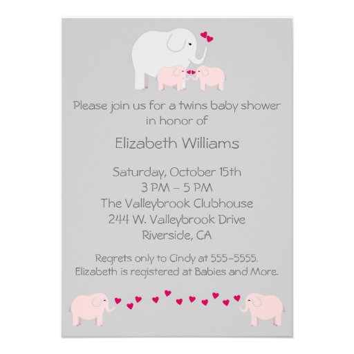 Elephant Baby Shower Twin Girls Custom Announcements