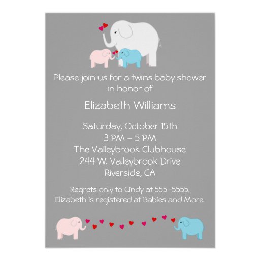 Elephant Baby Shower Twins Boy Girl Personalized Invitation