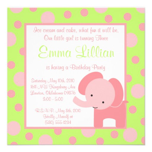 elephant birthday party invite cute fun green pink