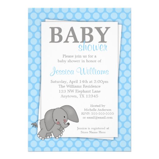 Elephant Blue Dots Baby Shower Invitations