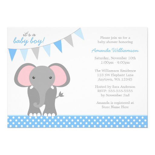 Elephant Blue Polka Dot Banner Boy Baby Shower Invite