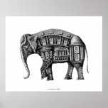 Elephant Building pen ink black and white drawing Print