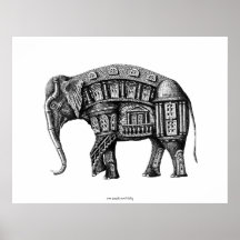 Elephant Building pen ink black and white drawing Print