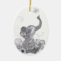 Elephant Butterfly Double-Sided Oval Ceramic Christmas Ornament