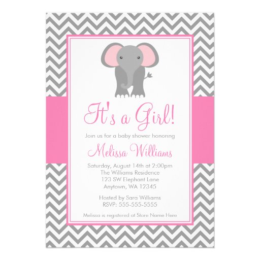 Elephant Chevron Pink Gray Girl Baby Shower Invitations