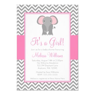 Elephant Chevron Pink Gray Girl Baby Shower 5" X 7" Invitation Card