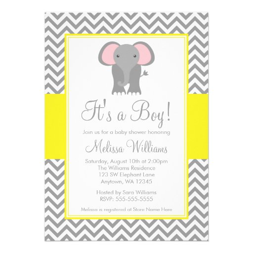 Elephant Chevron Yellow Gray Baby Shower Custom Invitation