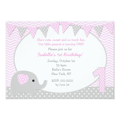 Elephant First Birthday Party Invitations (front side)
