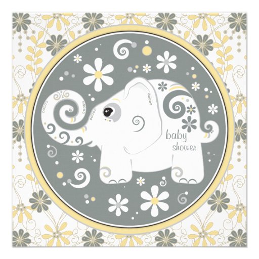 Elephant Floral Yellow Grey Baby Shower Invitation