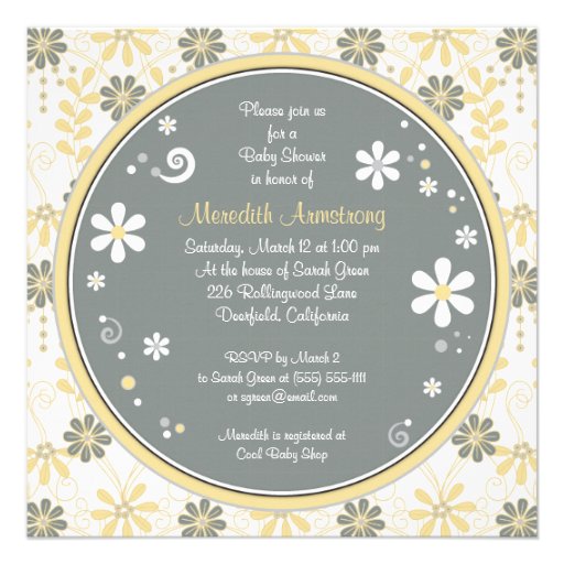 Elephant Floral Yellow Grey Baby Shower Invitation