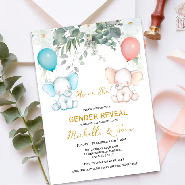 Elephant Gender Reveal Party Invitation Zazzle