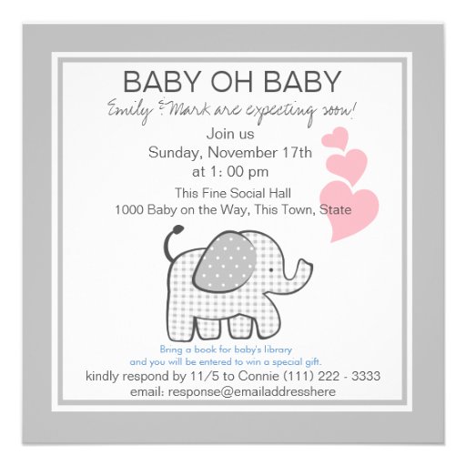 Elephant Gray Gingham Baby Shower Custom Invites