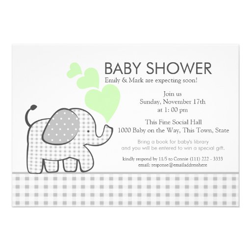 Elephant Gray Gingham Baby Shower Personalized Invites