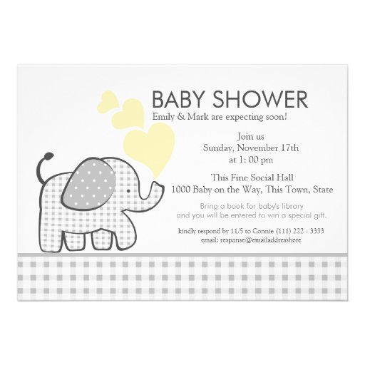 Elephant Gray Gingham Baby Shower Invite