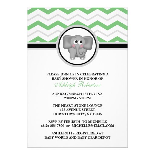 Elephant Green Gray Chevron Baby Shower Invitation