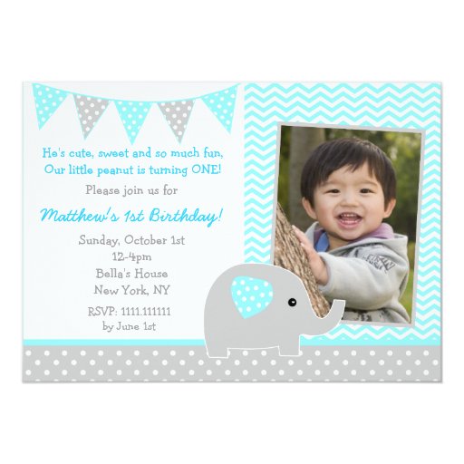 Elephant Photo Birthday Party Invitations for Boy (front side)