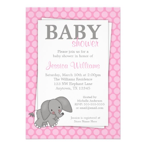 Elephant Pink Dots Girl Baby Shower Custom Invitations