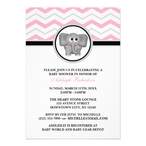 Elephant Pink Gray Chevron Baby Shower Invitations