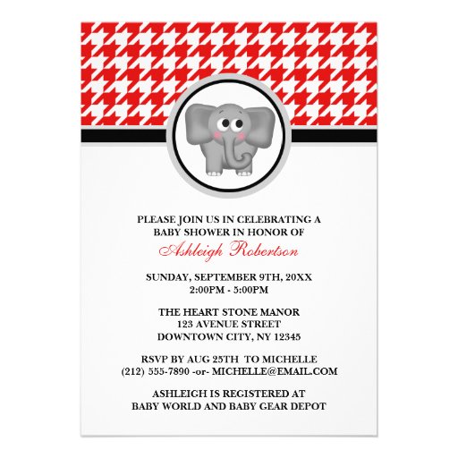 Elephant Red & White Houndstooth Baby Shower Personalized Invite