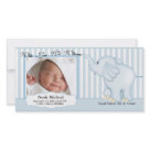 8x4 - Sweet Baby Boy Birth announcement features a blue & white stripe background with a cute elephant. Customize with your newborn baby's picture and birth information and you're all set to go. Matching items available in our shop.