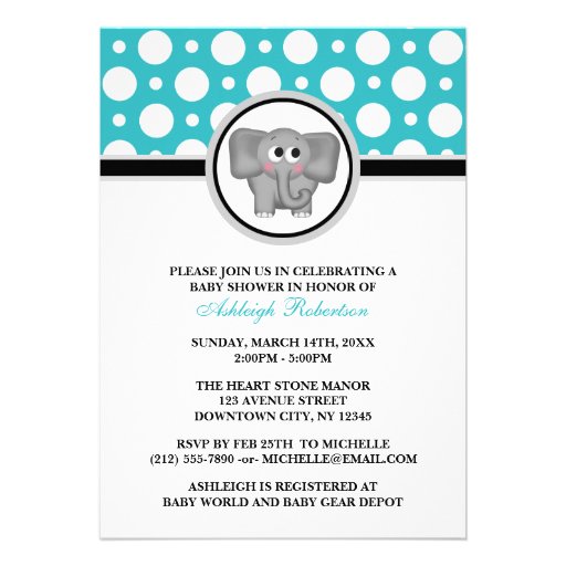 Elephant Turquoise Polka Dot Baby Shower Personalized Invites