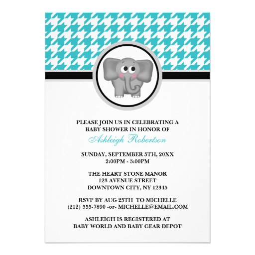 Elephant Turquoise & White Houndstooth Baby Shower Custom Invites