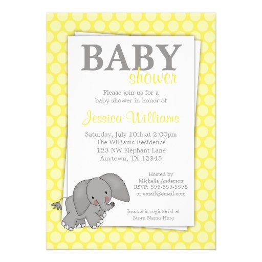Elephant Yellow Dots Gender Neutral Baby Shower Announcements (front side)