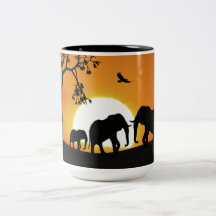 Elephants at sunset coffee mugs