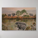 "Elephants At The Water Hole" Wildlife Print