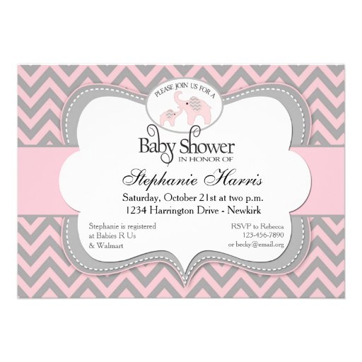 Elephants Baby Shower in Chevron Pink Personalized Announcements (front side)