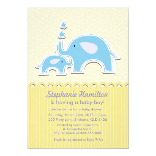 Elephants polka dots stripes baby boy shower invitations