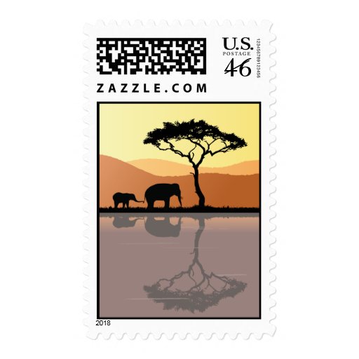 Elephants Walk at Sunset Postage Stamps