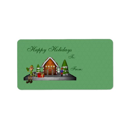Elf Gingerbread House Holiday Gift Tag label