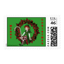 Elf On Poinsettia Wreath Christmas Postage Stamp by SmilinEyesTreasures Elf On Poinsettia Wreath Christmas Postage Stamp