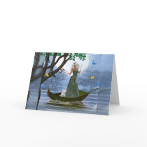 Elf & White Cat riding on a Leaf Fantasy Card