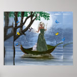 Elf & White Cat riding on a Leaf Poster Print