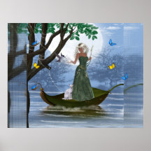 Elf & White Cat riding on a Leaf Poster Print
