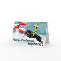 Elf with doberman in the snow christmas husband cards