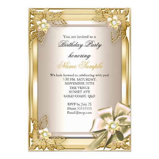 Elite Elegant Birthday Party Gold Cream Bow L Card | Zazzle