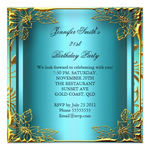 Elite Elegant Birthday Teal Gold Black Damask Custom Invitations (front side)